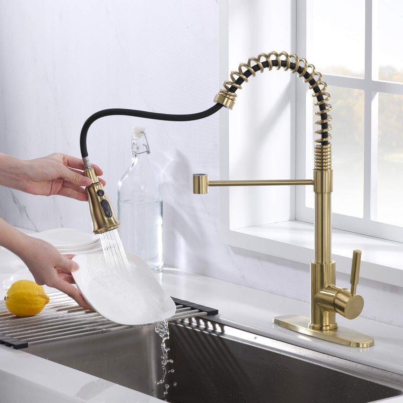 SOKA Kitchen Sink Faucet with Dual Function Solid Single Handle w/Deck Plate Pull Down Sprayer Spring Kitchen Faucet, Brushed Gold (SK5001AR) - Image 5